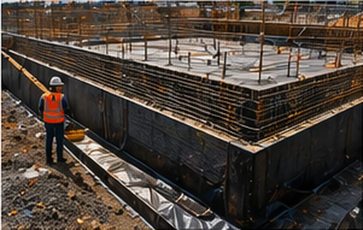 Basement structure and waterproofing interface during construction.