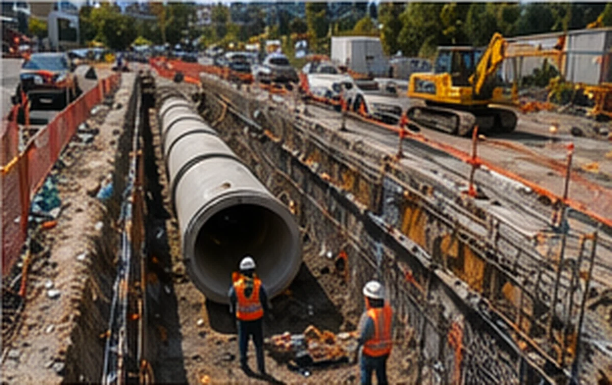 Civil infrastructure and utility works coordinated during excavation and construction.