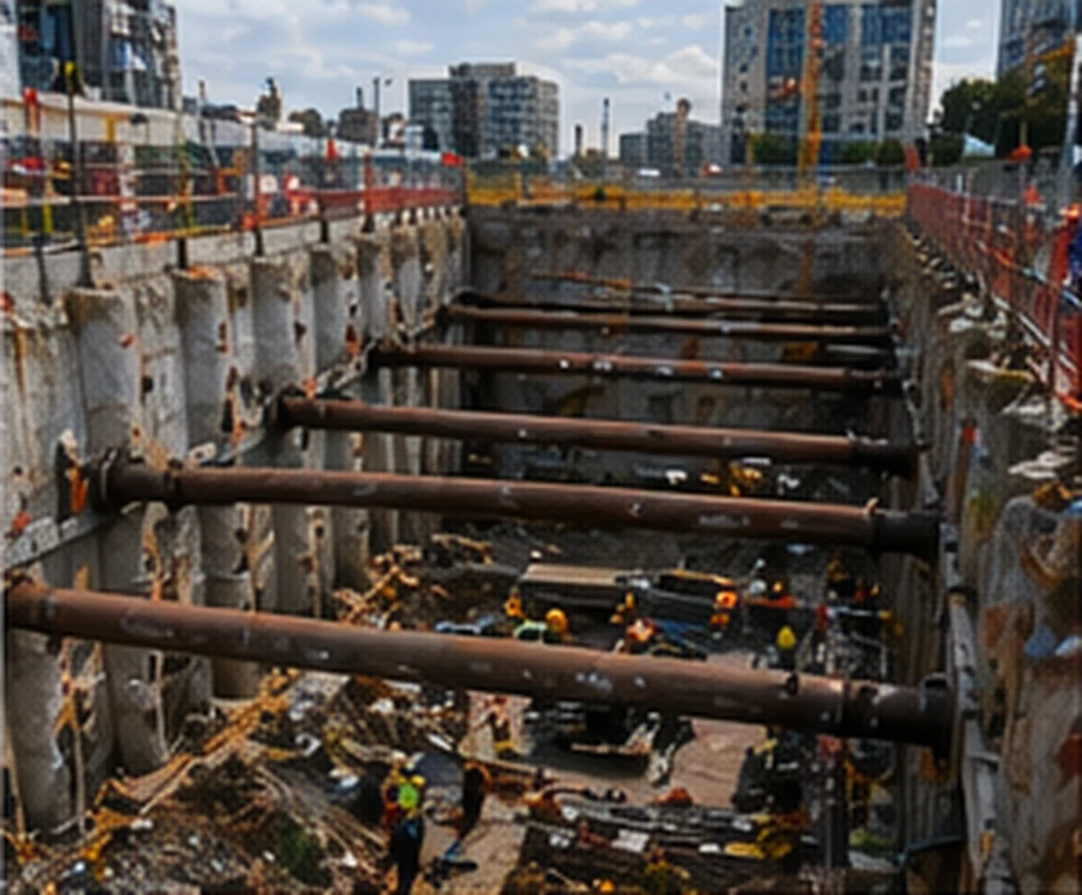 Deep excavation with propped shoring and temporary works support.