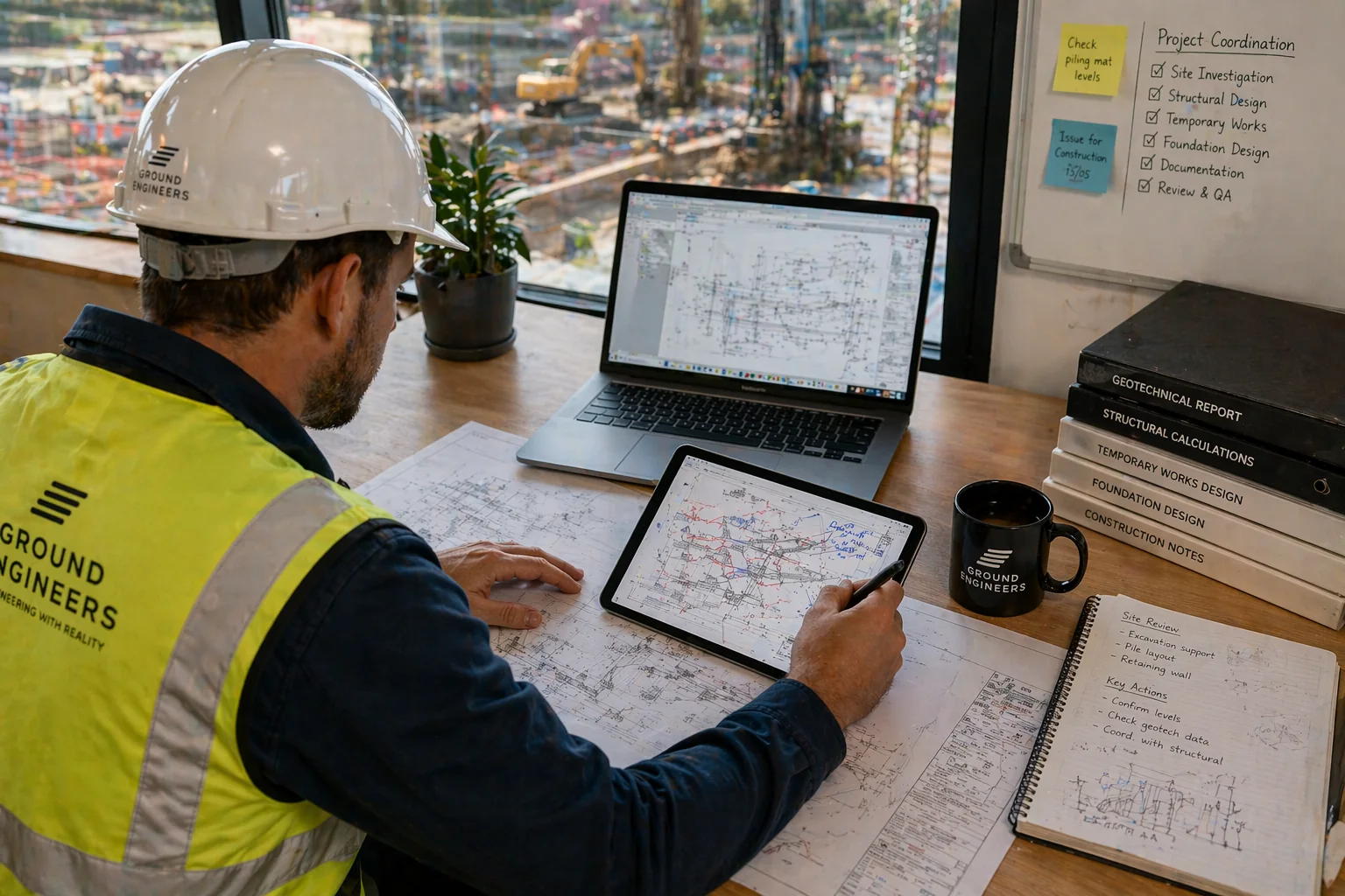 Engineering drawings and project information being reviewed as part of a digital workflow.