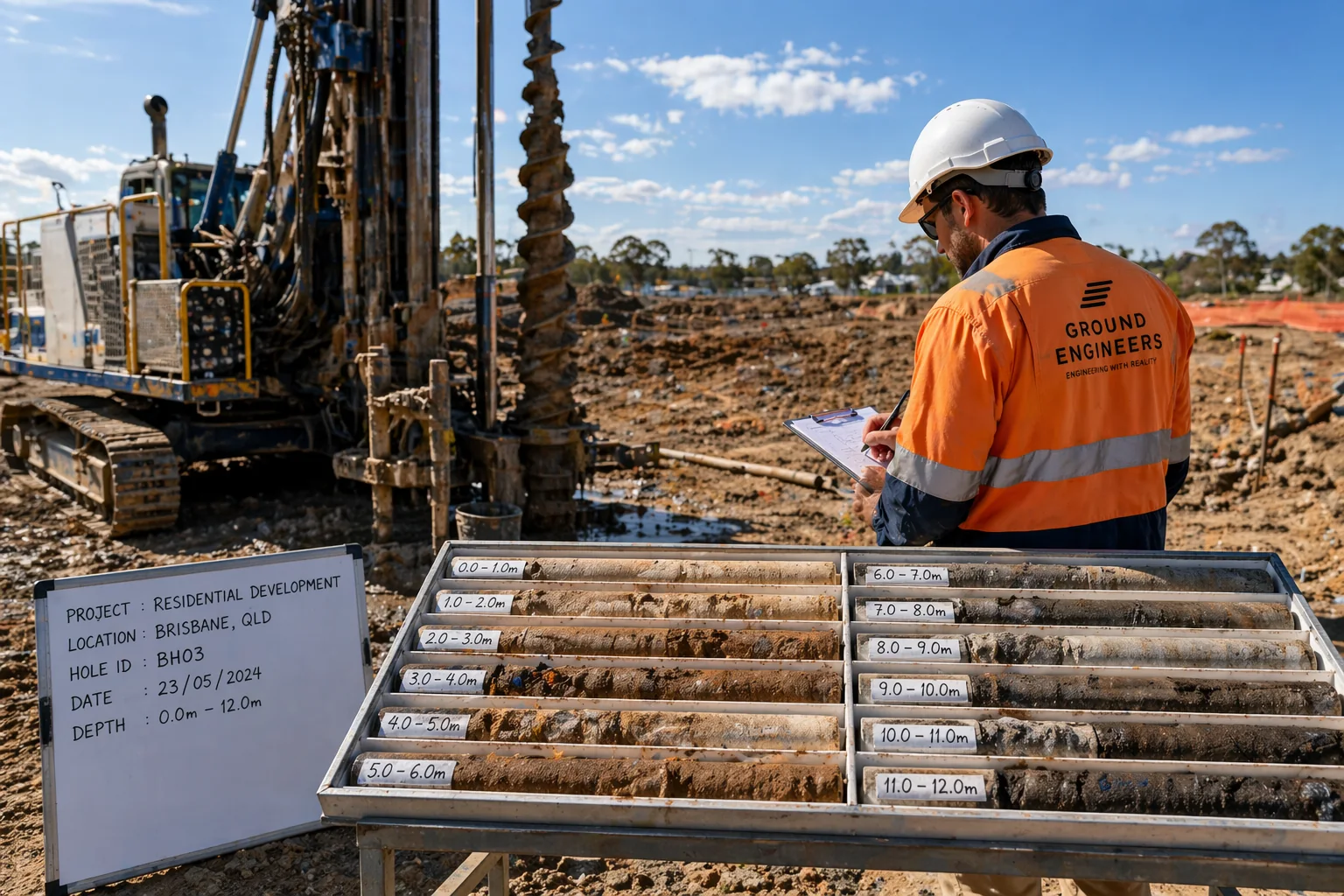 Geotechnical investigation and ground conditions assessment on a construction site.