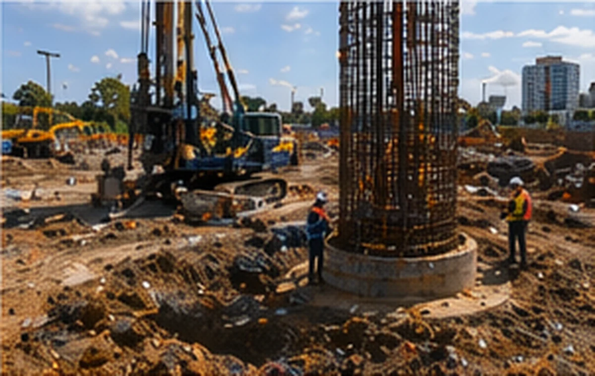 Pile reinforcement and foundation works prepared for construction.