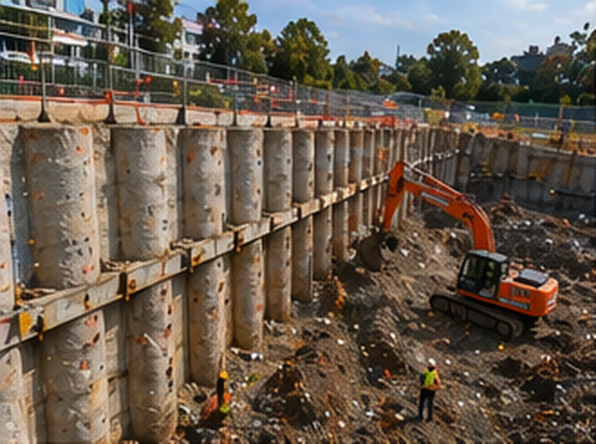 Secant pile wall and retention system for deep excavation support.