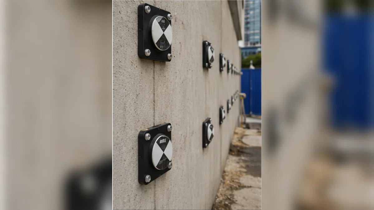 Survey monitoring prisms installed on a structure adjacent to a construction site.