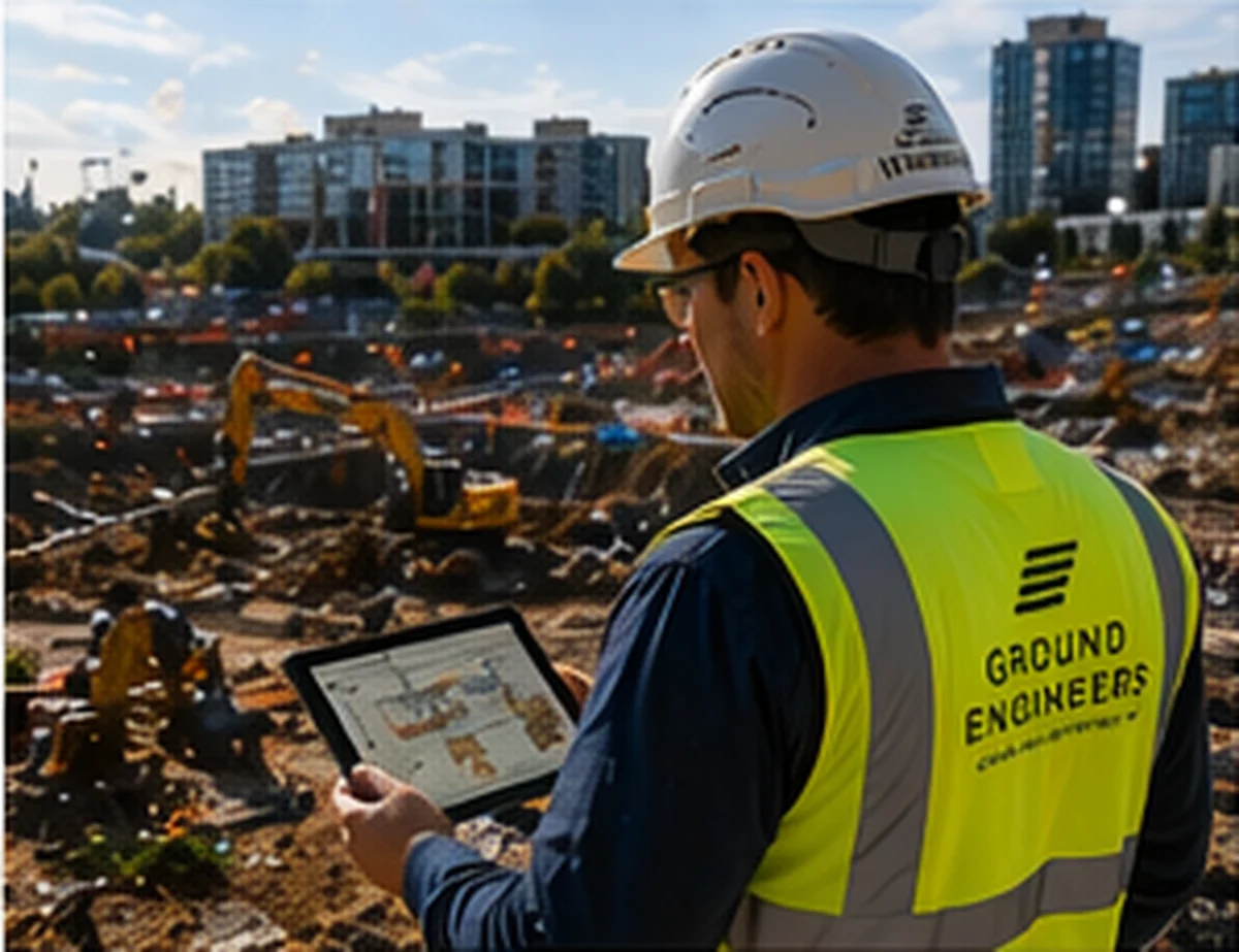 Engineer reviewing construction site conditions and project coordination requirements.