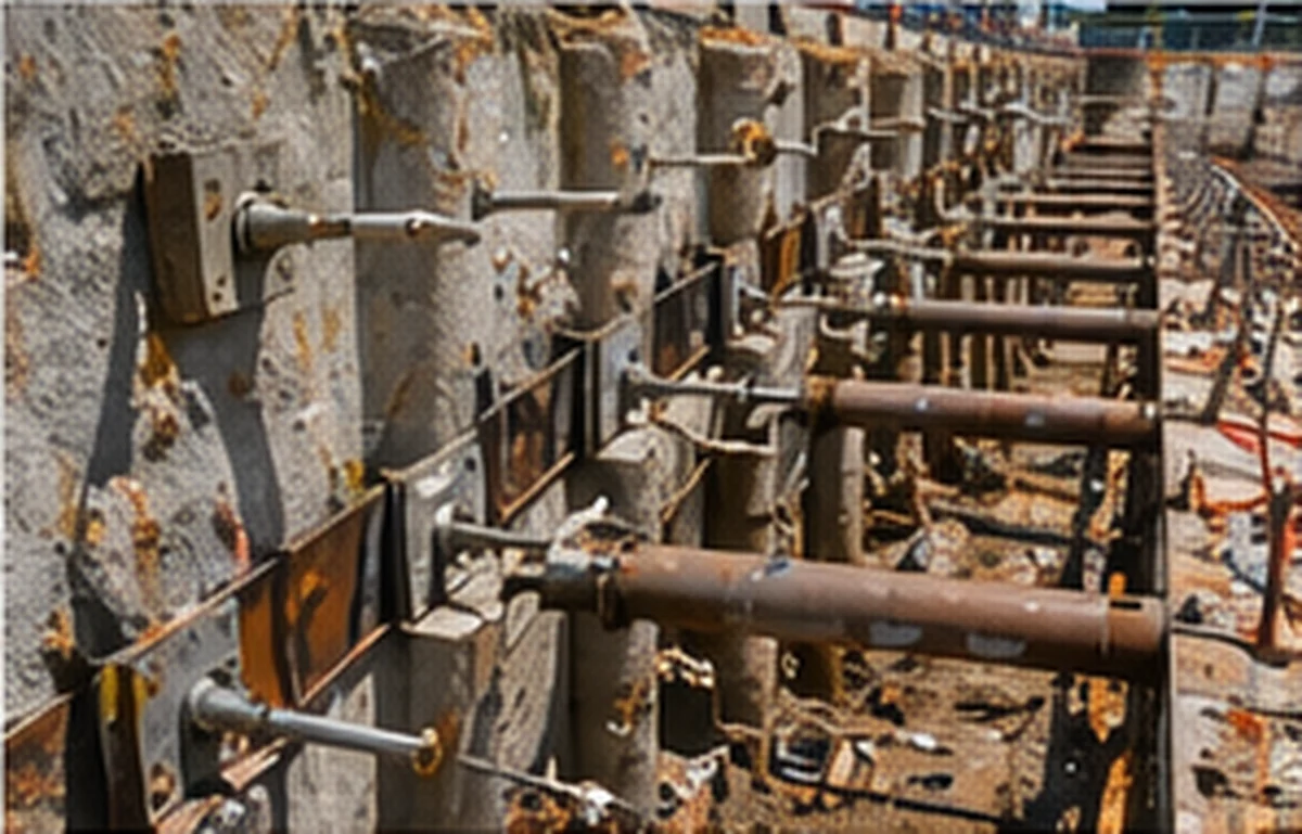 Excavation support and temporary works shoring on a construction site.