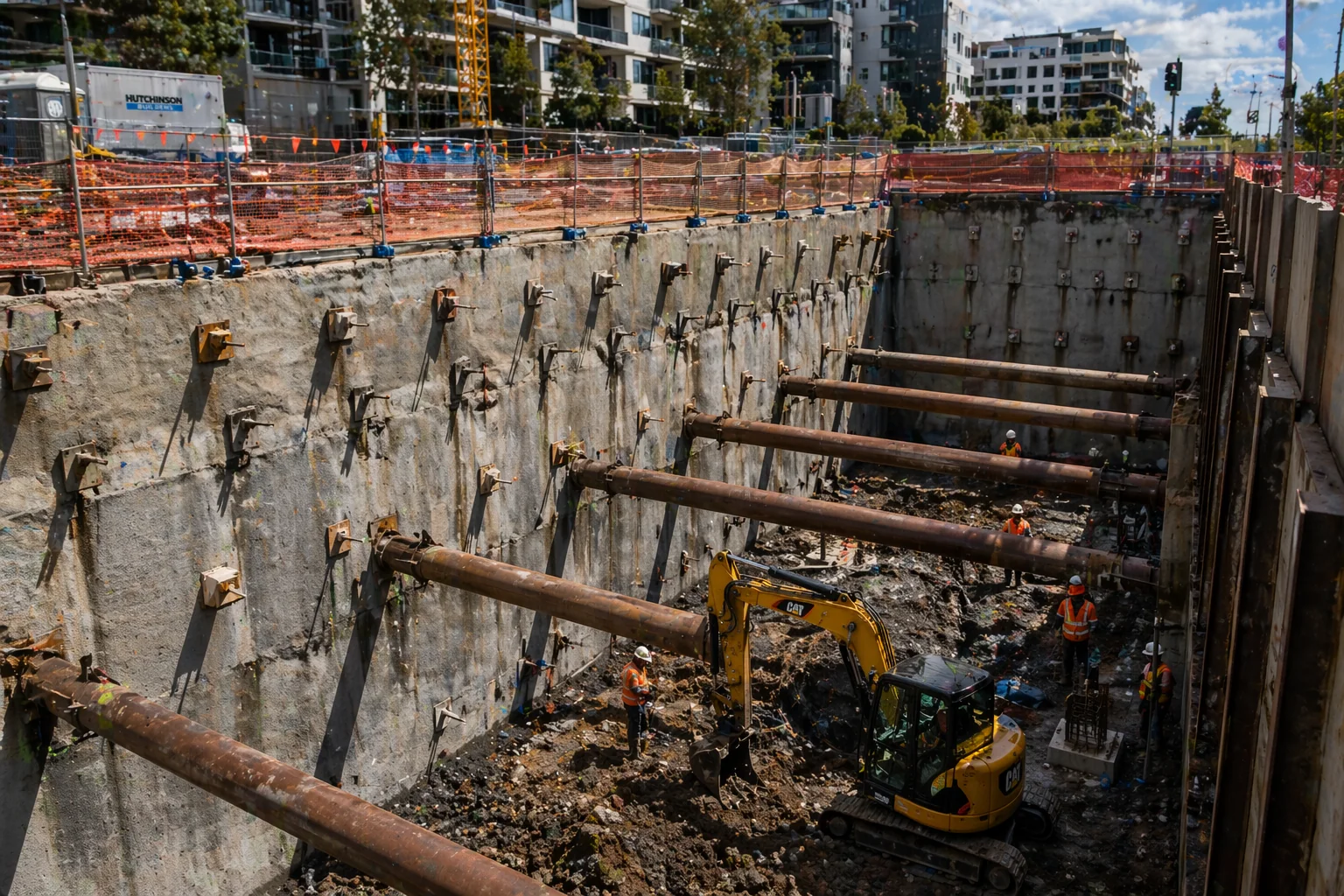 Temporary works shoring and excavation support on a construction site.
