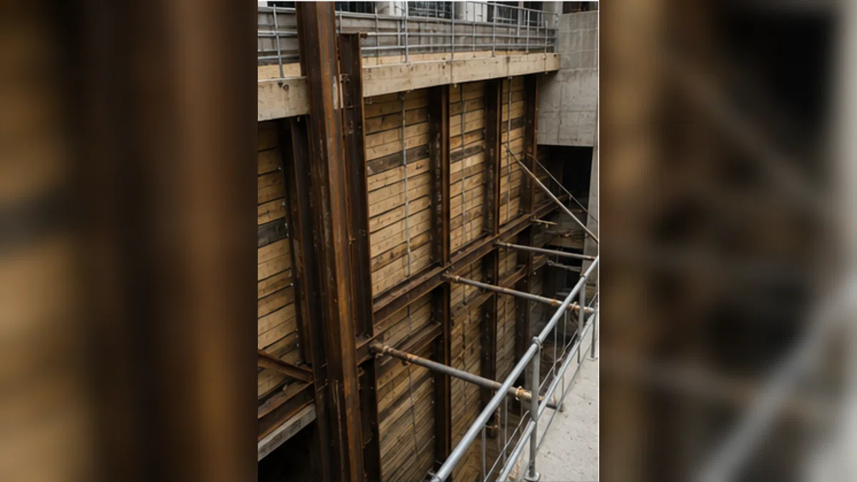 Excavation support and temporary works shoring on a construction site.